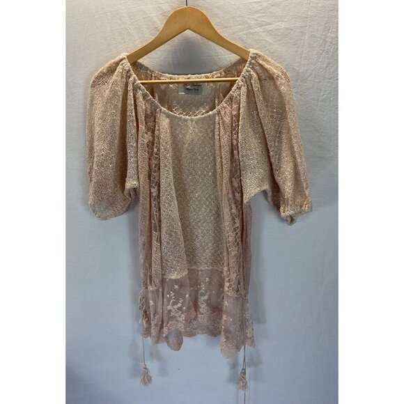 PAT DAHNKE Women’s size‎ L Pink Lace Sheer puff short sleeve top Boho Western - Picture 1 of 14